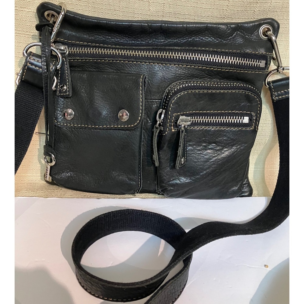 Fossil Crossbody Bag Women Small Black Excellent Leather Multi-Pocket Utility